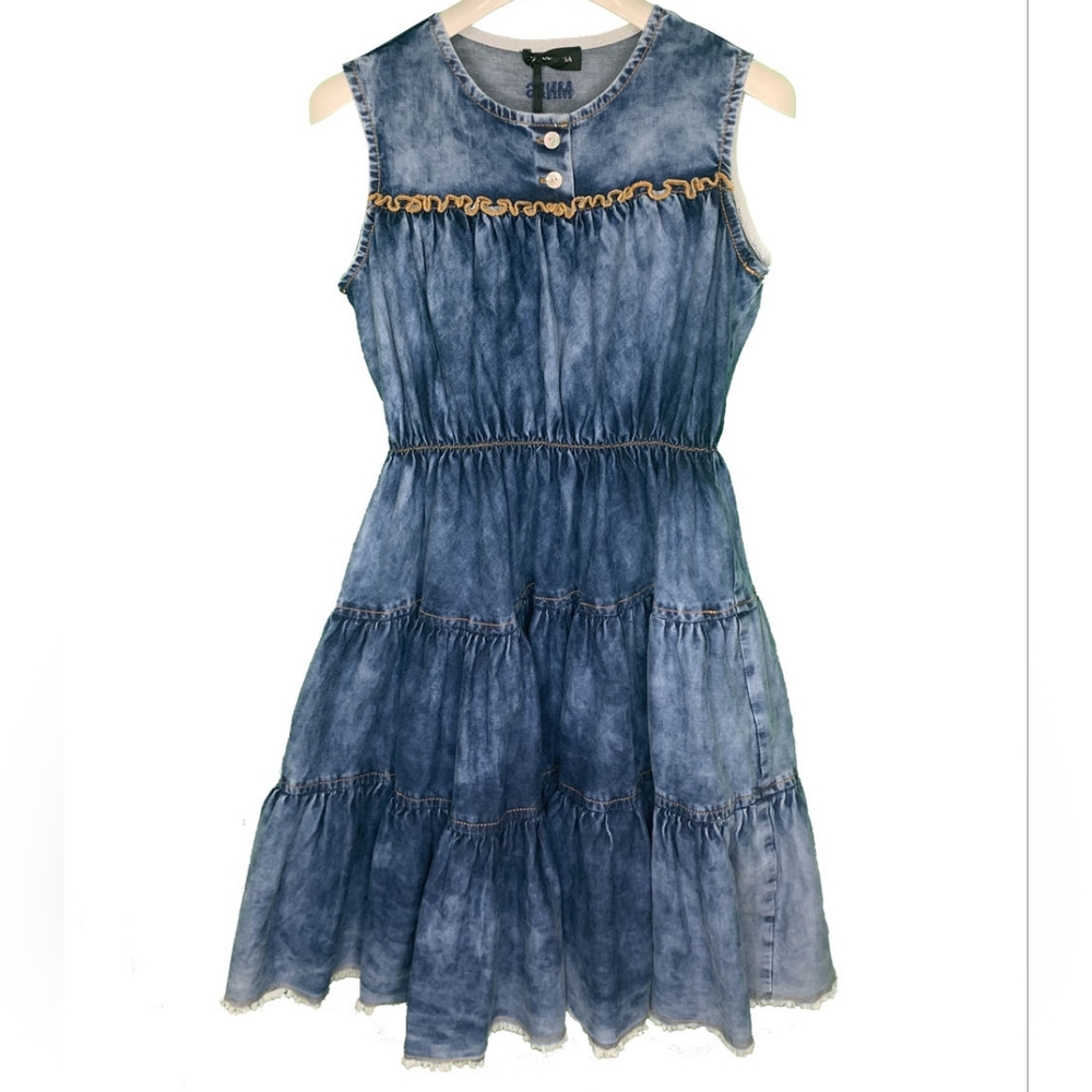 Monnalisa Denim Sleeveless Dress with Ruffle Detail